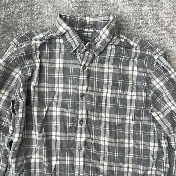 Eddie Bauer Shirt Mens Large Grey White Plaid Casual Button Up Classic Fit - Picture 2 of 7
